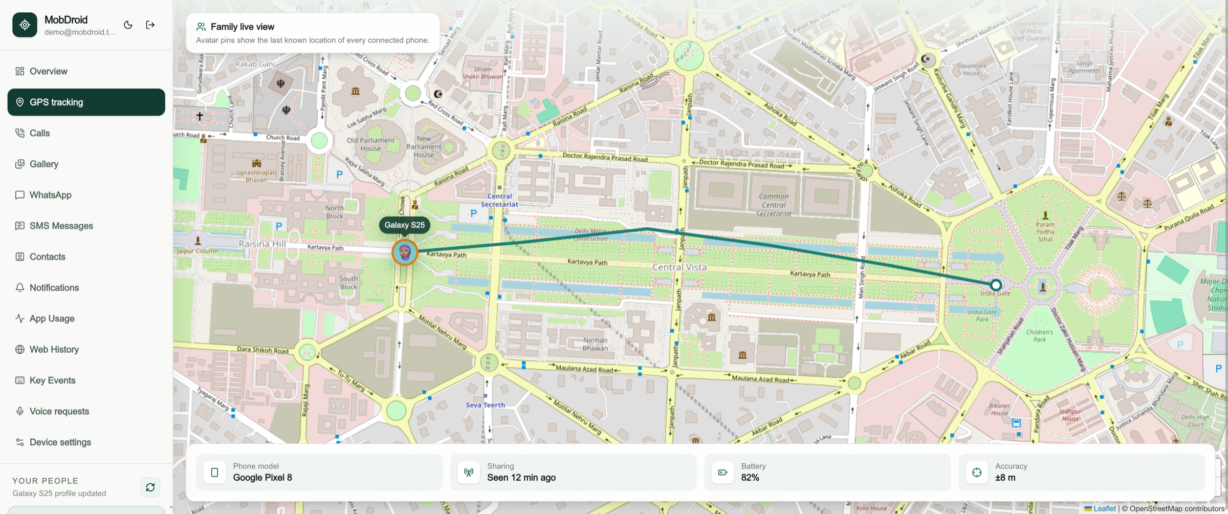 MobDroid location dashboard showing a recent route